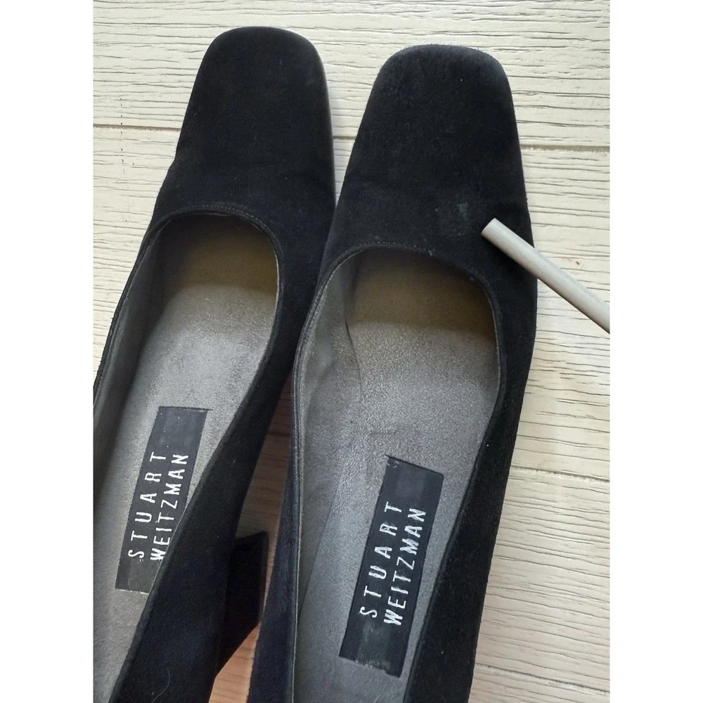 Stuart Weitzman VTG‎ 9 AA Blk Suede Block Heels Square Toe 2.5